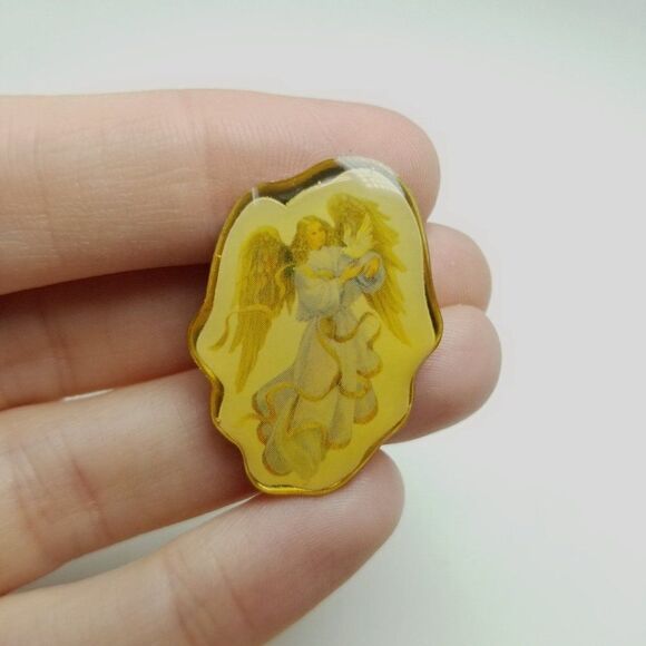 Vintage Angel Lapel Pin, Yellow Tone Brooch, Protection Guardian, Estate - Picture 2 of 6
